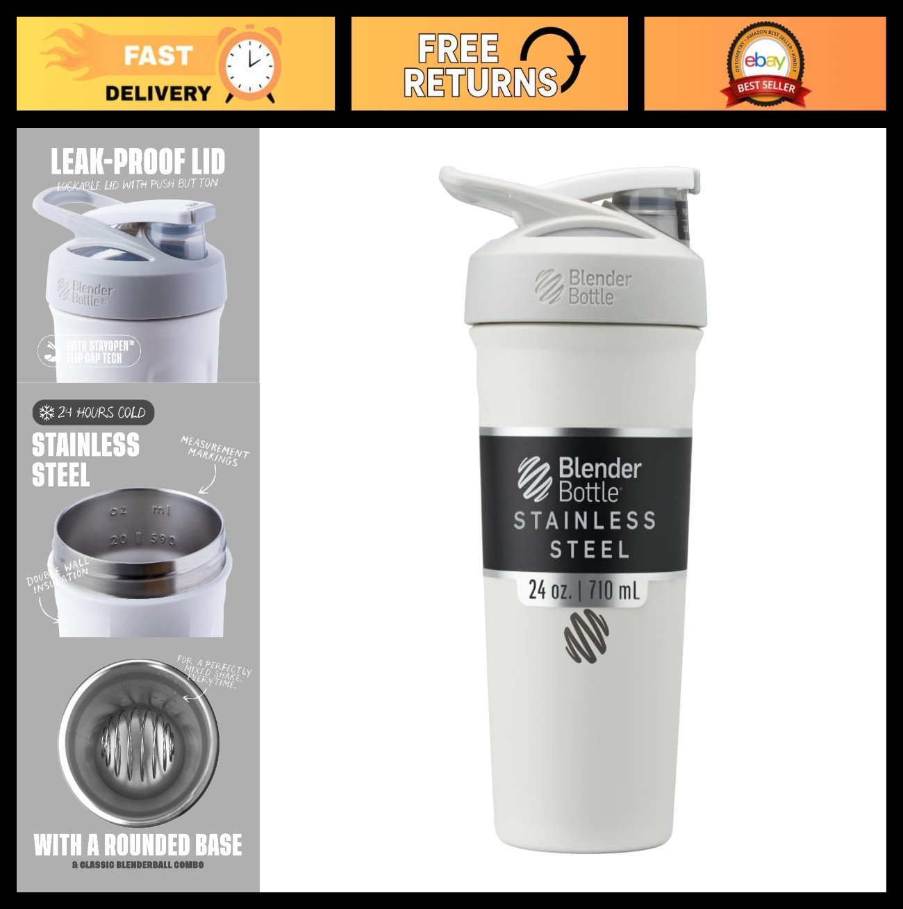 Insulated Stainless Steel Shaker Cup with Wire Whisk, 24oz Water Bottle – White