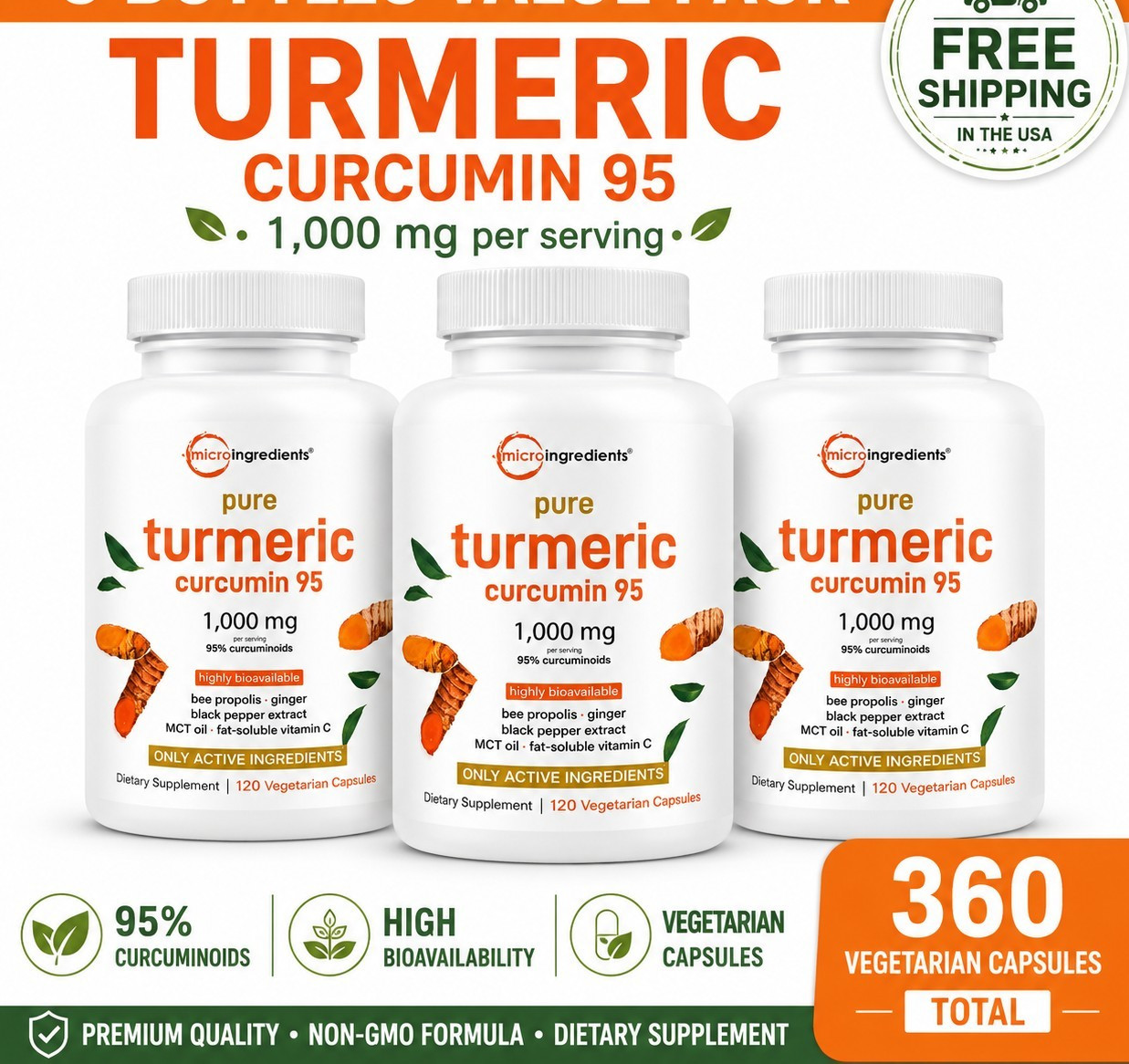 Microingredients Turmeric Curcumin 95% 1000mg 360 Caps Vegetarian Non-GMO