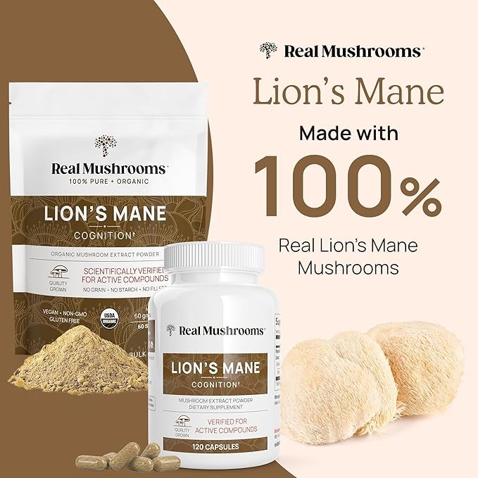 Real Mushrooms pure Lions Mane Mushroo 120 Capsules for Overall Wellness