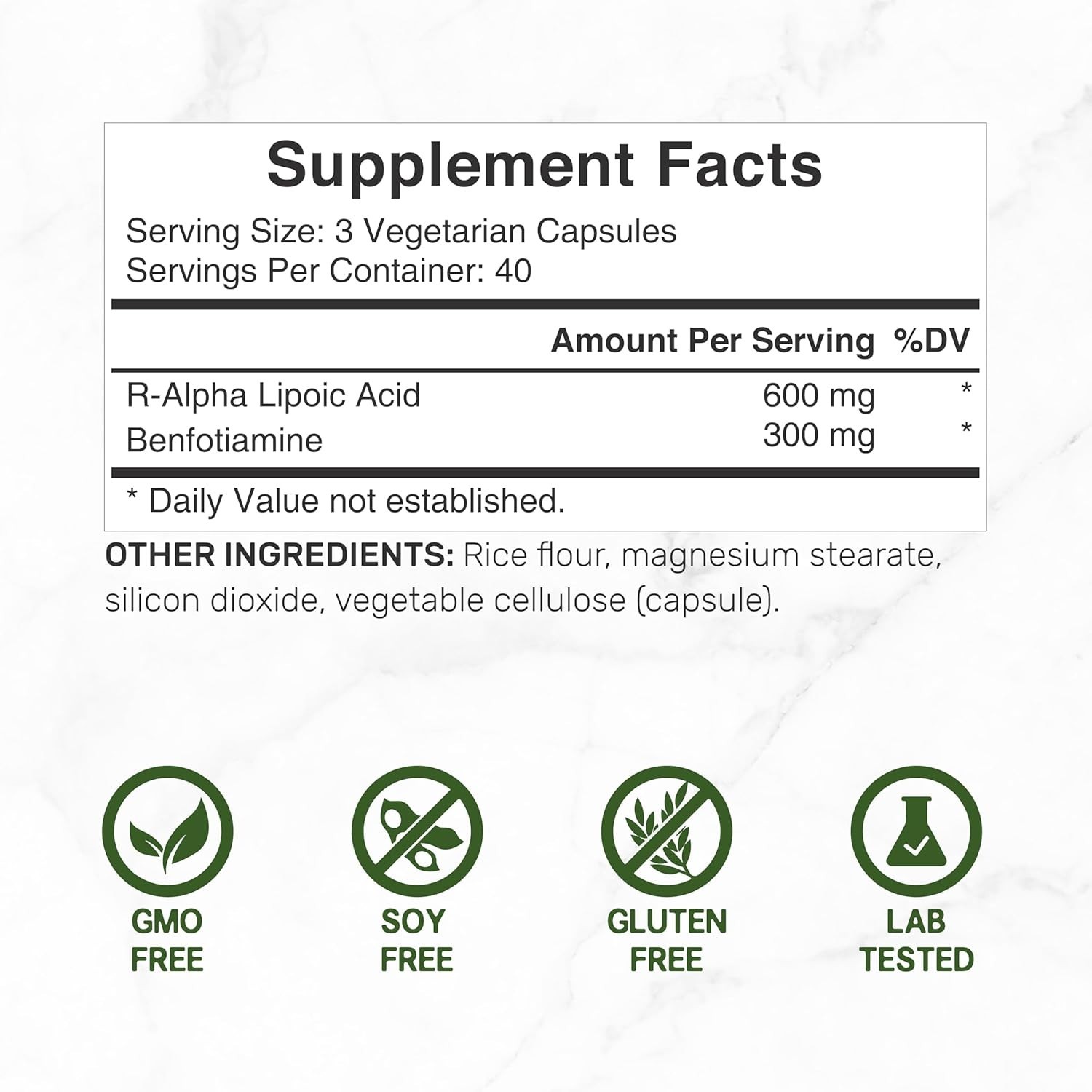 R Alpha Lipoic Acid 600Mg with Benfotiamine 300Mg per Serving, 120 Veggie Capsul
