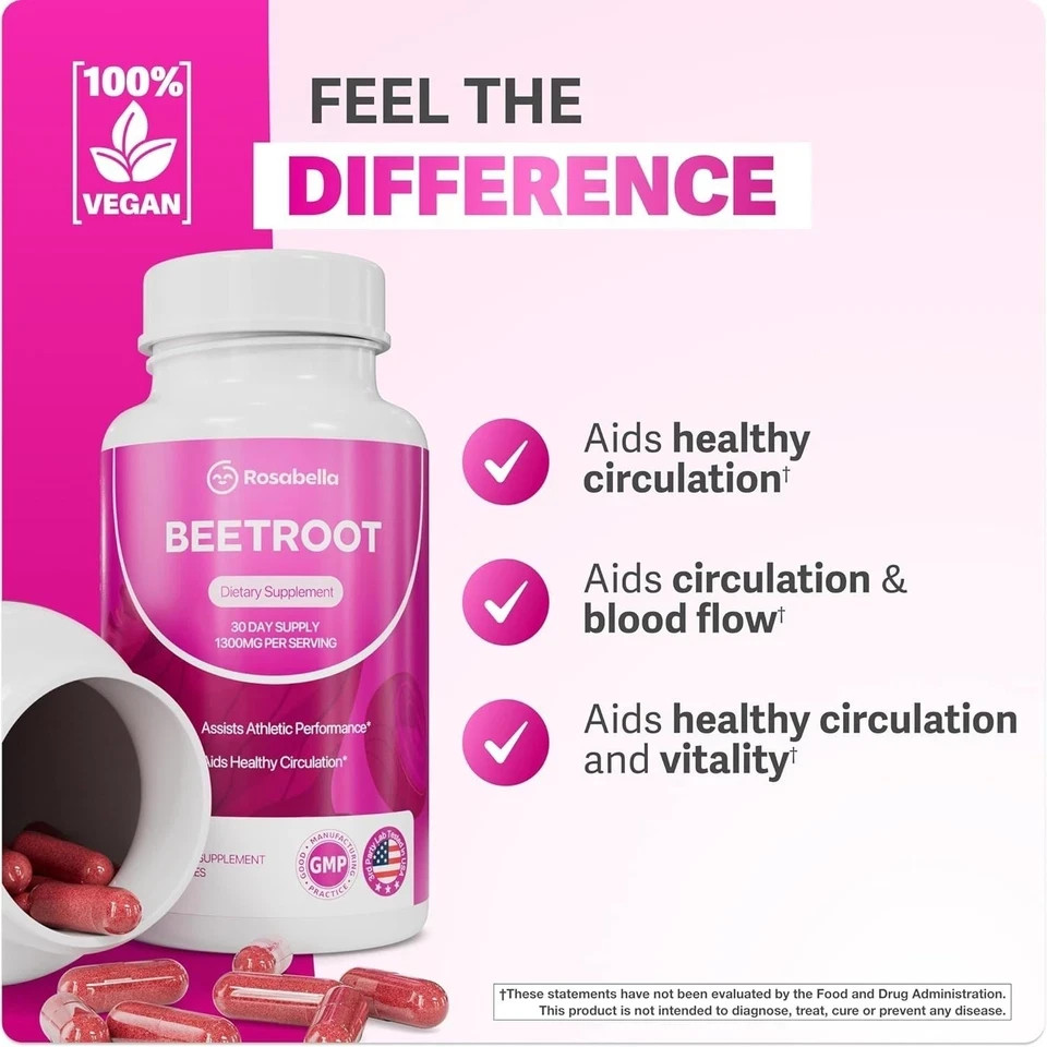 Rosabella Beetroot 1300mg Dietary Supplement Capsules 60ct Athletic Performance