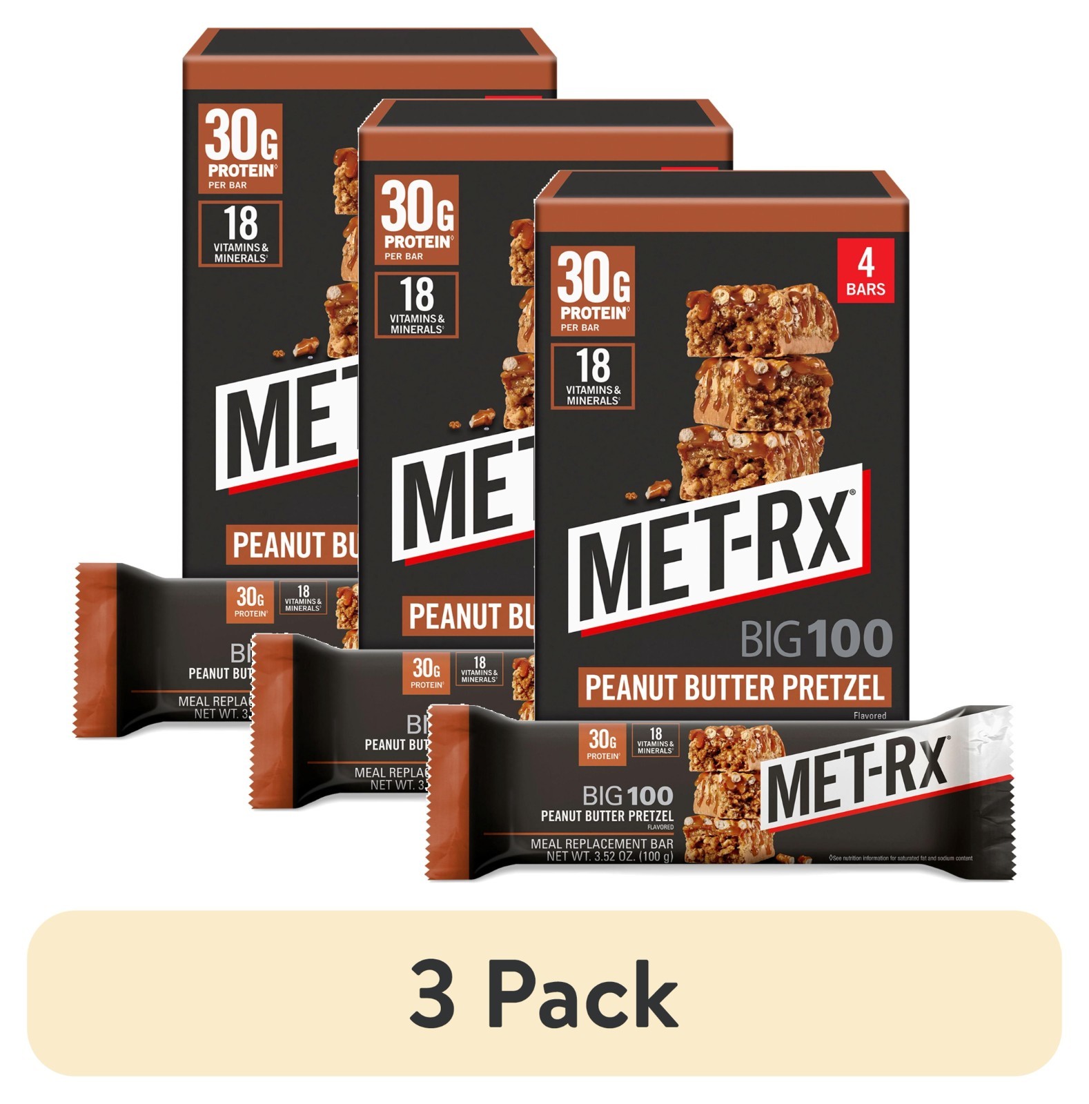 (3 pack) MET-Rx Big 100 High Protein Meal Replacement Bars, Peanut Butter Pretze
