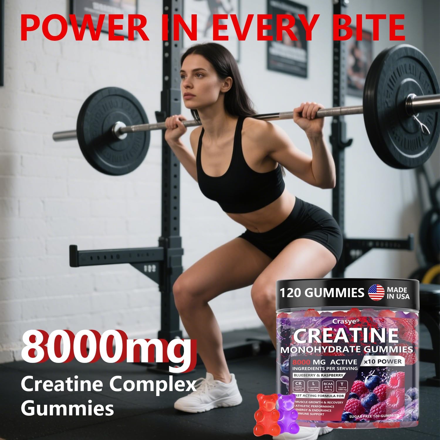 Crasye Creatine Monohydrate Gummies Complex 8000 MG for Men Women, Creatine G…