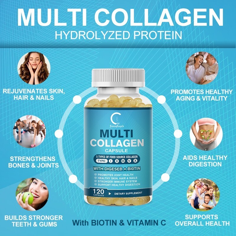 Collagen Peptides Types I, II, III, V, X 2000mg Pills Anti-Aging Skin Capsules