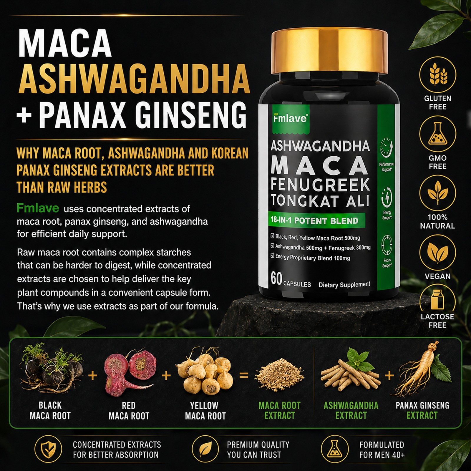 Maca Ashwagandha Panax Ginseng 60 Capsules Supports Desire Stamina Performance