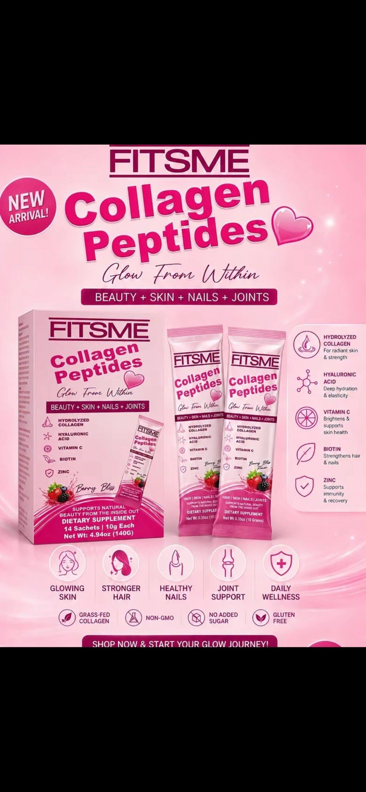 FITSME Collagen Peptides Powder Berry Bliss 14 Sachets 10g Gluten-Free Non-GMO