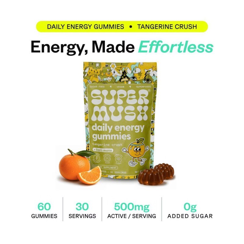 SuperMush Daily Energy Mushroom Vegan Supplement Gummies – 60ct/30 Servings