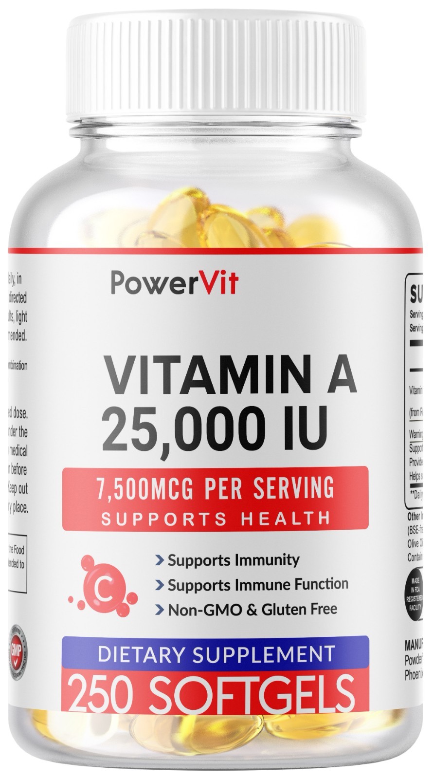 Vitamin A 25,000 IU 250 Softgels 7,500MCG Supports Immunity, Immune function