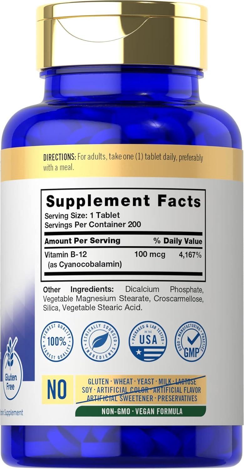 Vitamin B12 100 Mcg Nerve Brain Heart Cognitive Energy Health Support, 200 Tabs