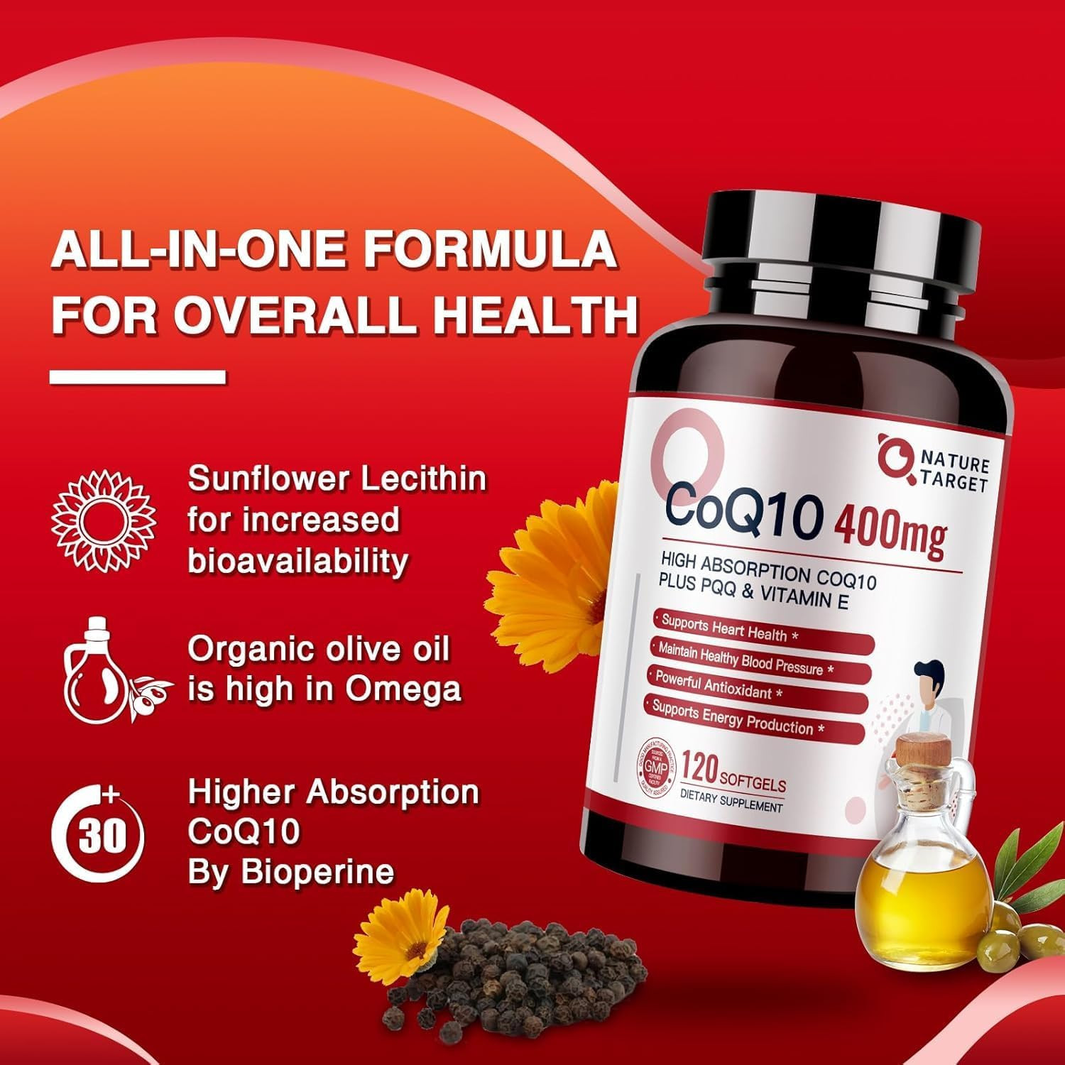 Coq10-400Mg plus PQQ with Vitamin E & Organic Olive Oil – Coenzyme-Q10 with Biop