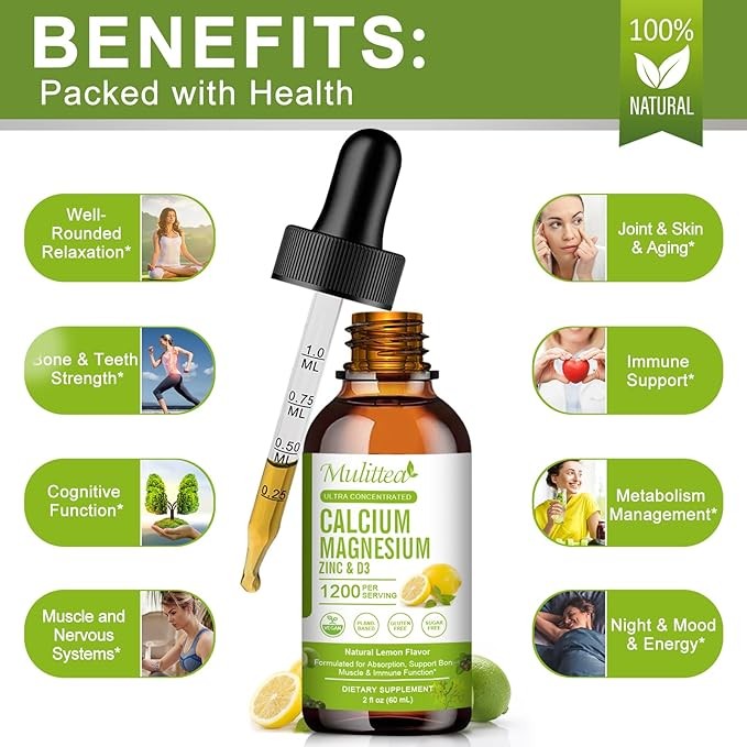 Calcium Magnesium Liquid Drops with Vitamin D3 K2 Zinc Potassium Seamoss 2oz