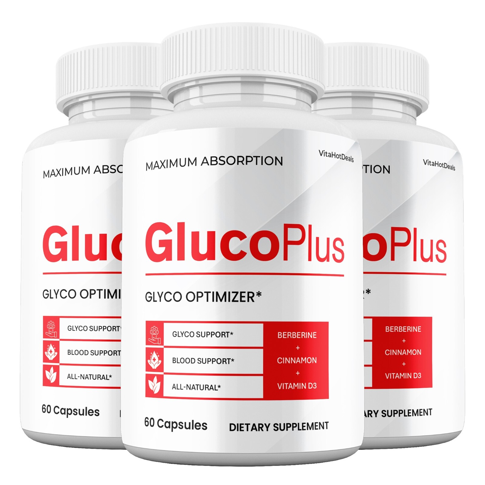 GlucoPlus Blood Optimizer Capsules, Max Strength, Gluco Plus Pills (3 Pack)