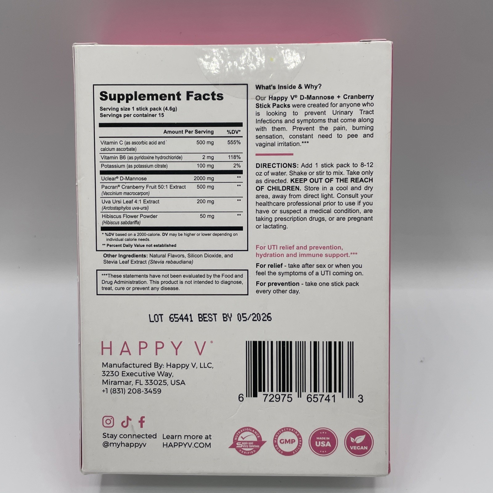 Happy V Women’s Daily Box Open 15 Stick Packs Exp 5/26 UTI Health – New In Box