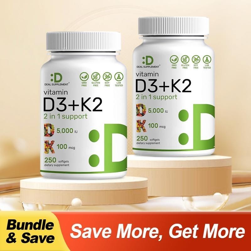 2 BOTTLES-Vitamin D3 5000 IU with K2 MK7 250 Veggie Softgels Bone Immune Support