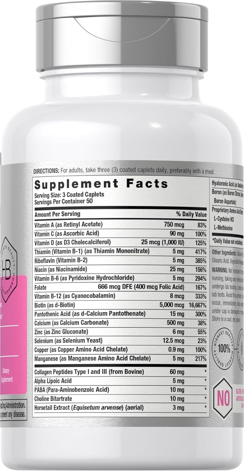 Hair Skin & Nails Vitamins | 150 Caplets | with Biotin & Collagen | by Horbaach