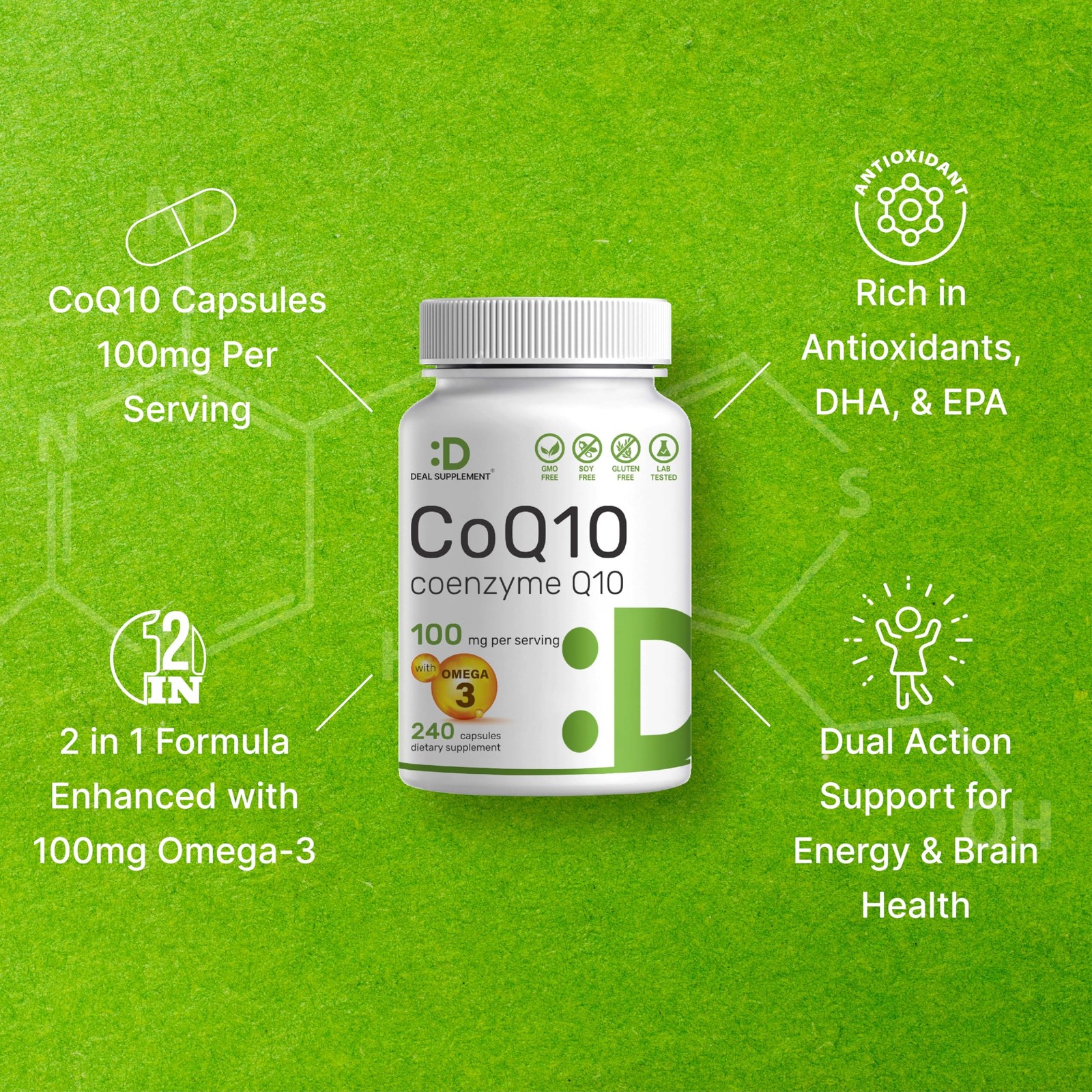 DEAL SUPPLEMENT CoQ10 100mg with Omega 3 100mg, 240 240 Count (Pack of 1)