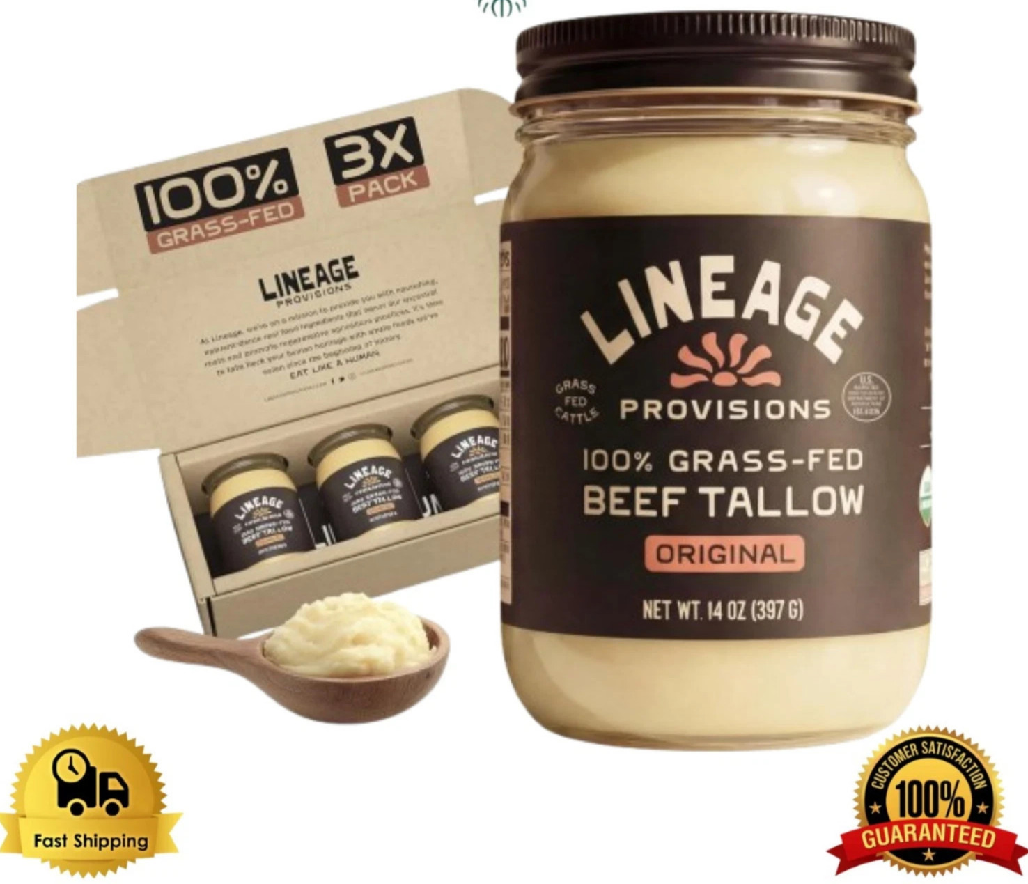 Lineage Provisions – 100% Grass-Fed & Finished Beef Tallow – 3-Pack Glass Jars