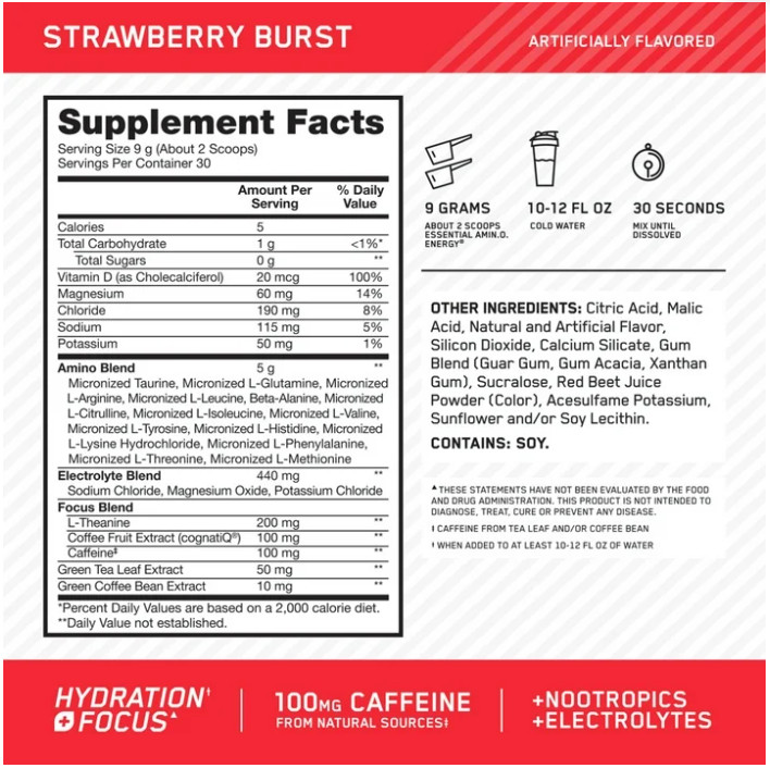 Optimum Nutrition Amino Energy Hydration + Focus Powder Strawberry Burst 9.5 oz