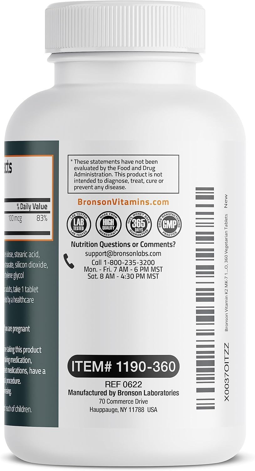Bronson Vitamin K2 MK-7 100 MCG, K2 as MK7 Menaquinone, Bone Support, Tablets