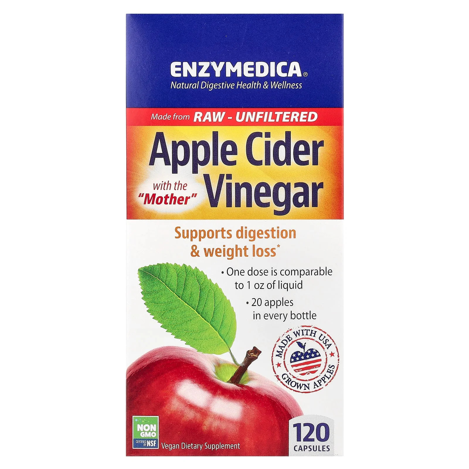 2 X Enzymedica, Apple Cider Vinegar with the Mother, 120 Capsules (355 mg per C