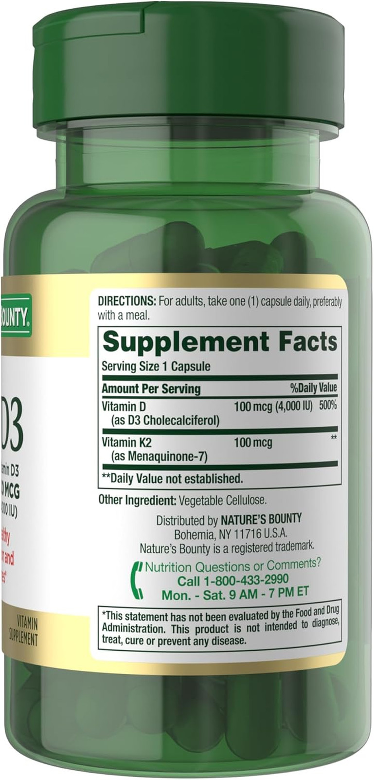 Nature’s Bounty Vitamin D3 K2– 4000IU D3 + 100mcg K2, Heart & Bone Support, 60ct