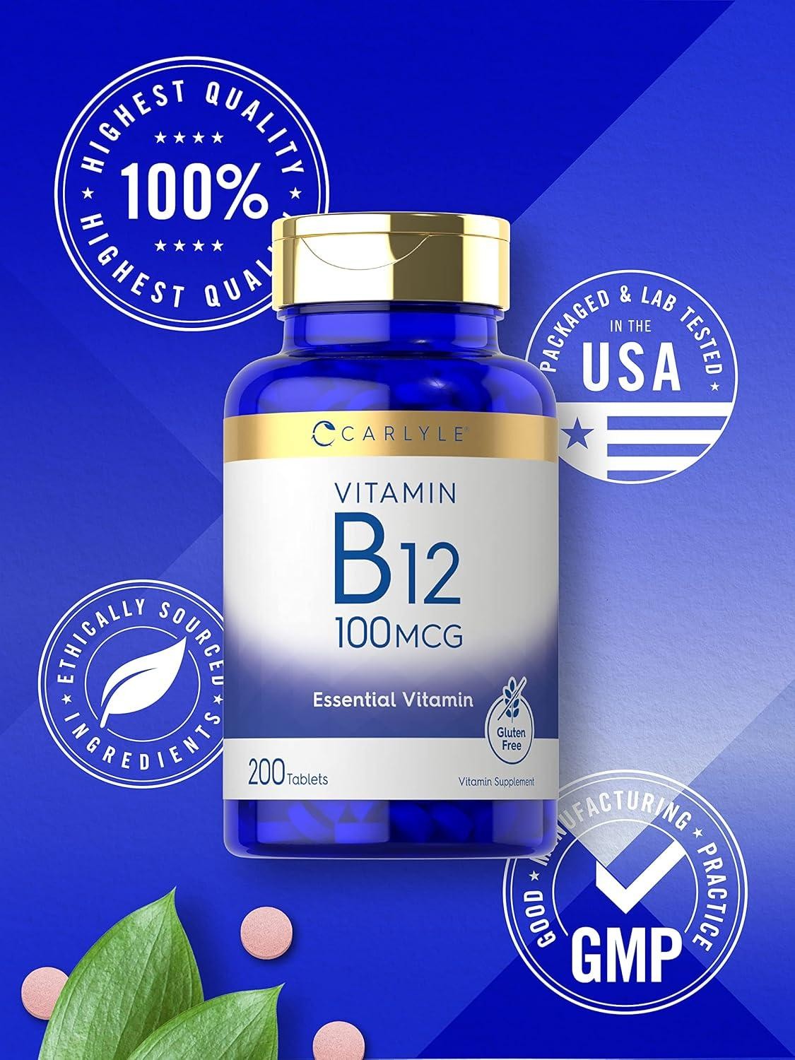 Vitamin B12 100 Mcg Nerve Brain Heart Cognitive Energy Health Support, 200 Tabs