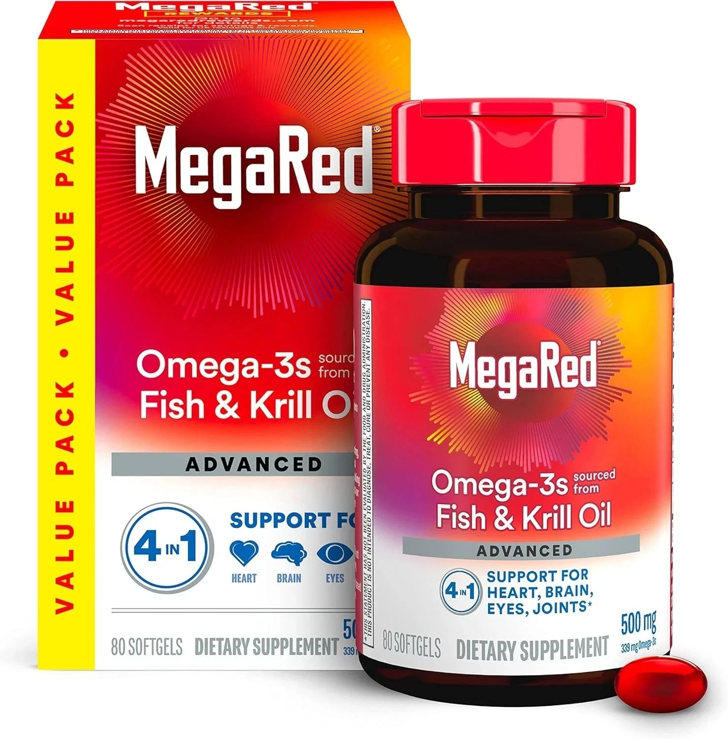 pack of 2 MegaRed Advanced Omega-3 500mg – 80 Softgels – Heart & Joint Support
