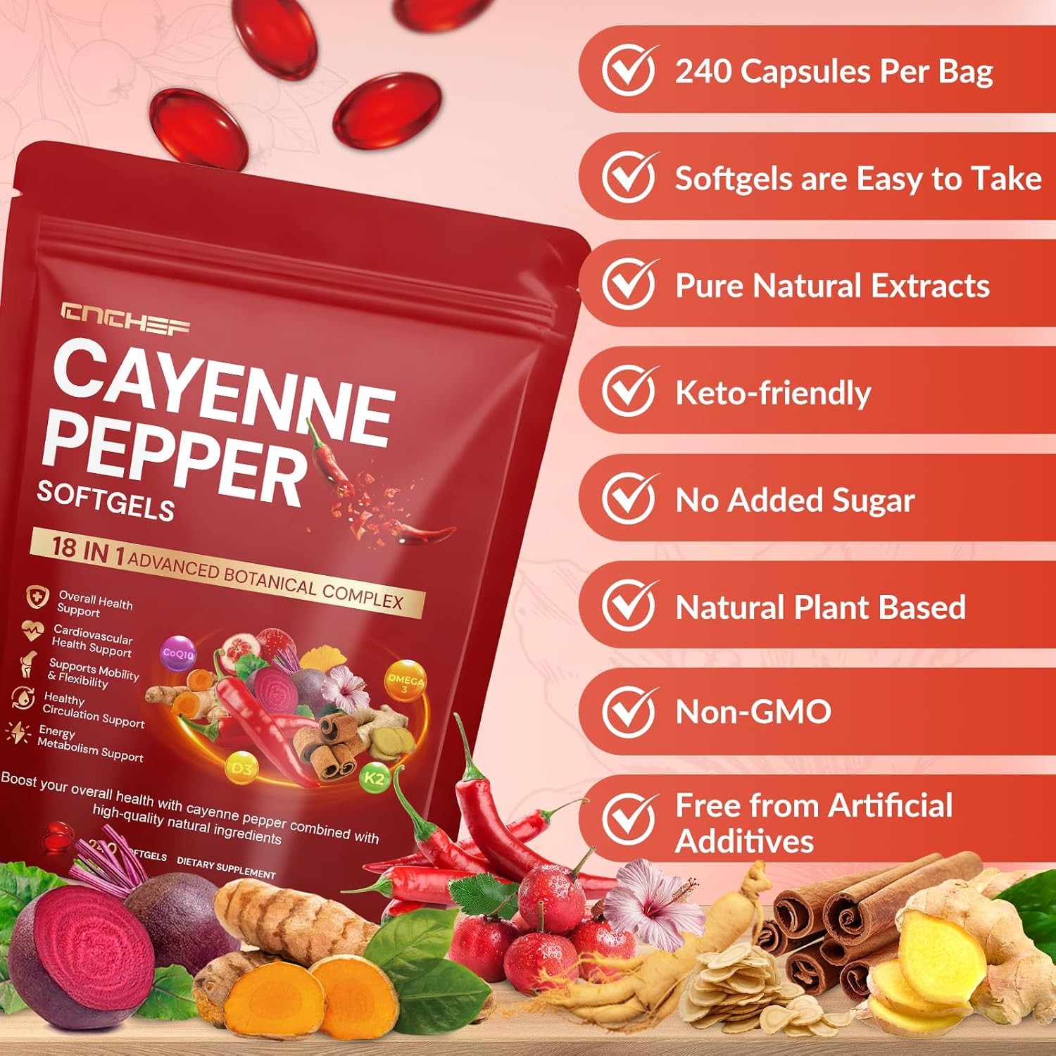 Cayenne Pepper Softgels with Vitamin D3+K2 & Beetroot – Circulation, Metabolism