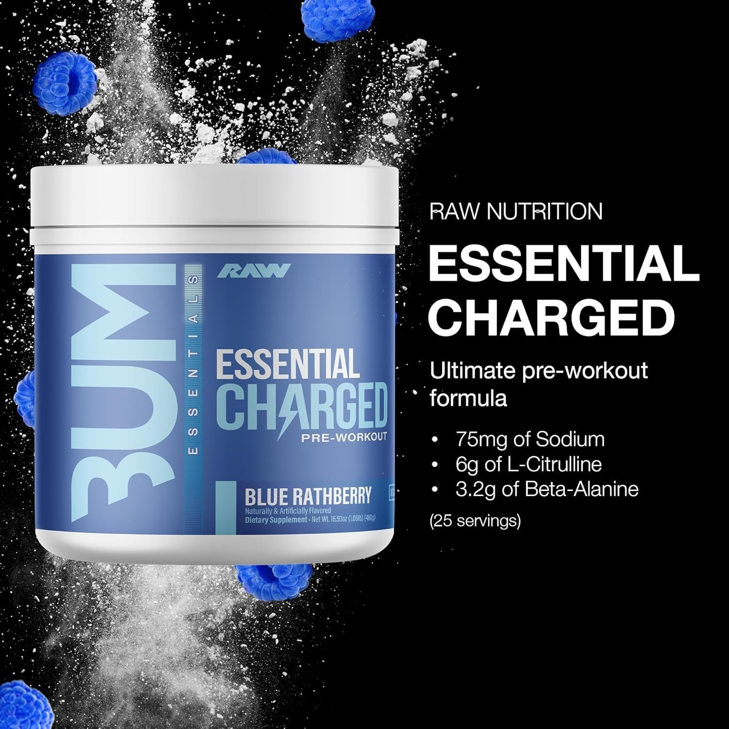 RAW Pre-Workout Powder, Essential CHARGED (Blue Rathberry) – Preworkout Suppleme