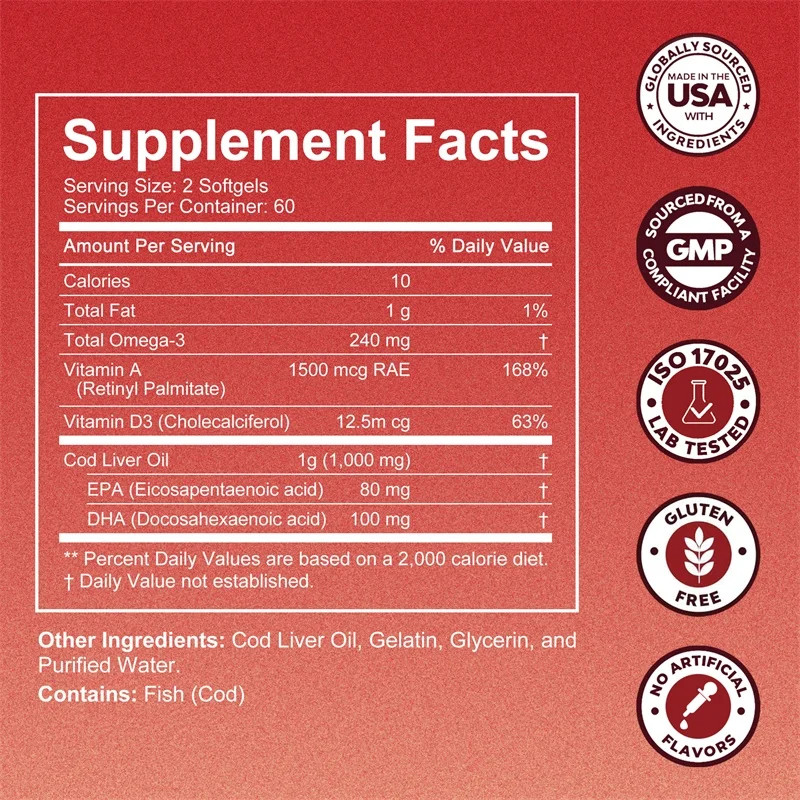 COD Liver Oil 240pcs,Strengthen The Brain, Bones,Improve Memory and Intelligence