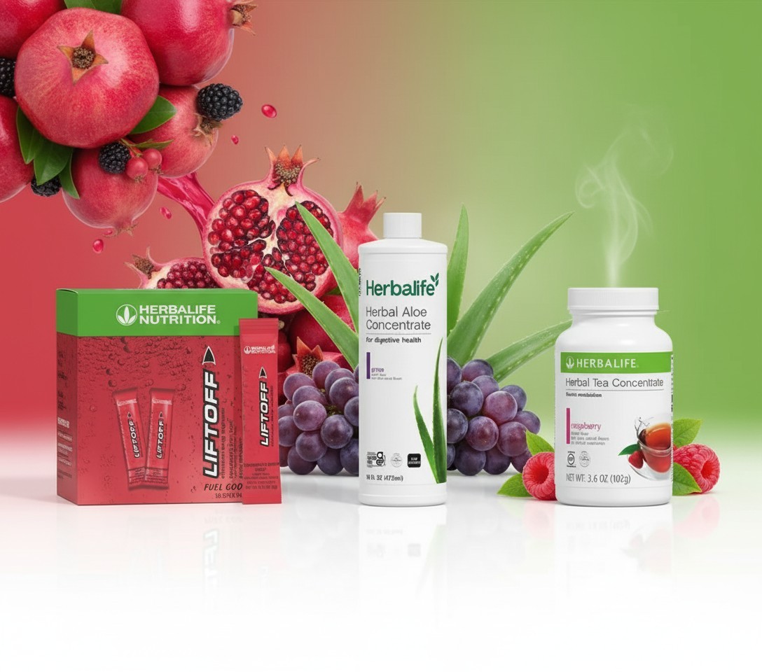 Herbalife Raspberry Tea 3.6 oz + Grape Aloe Pint+30 Pomegranate LiftOff Sticks