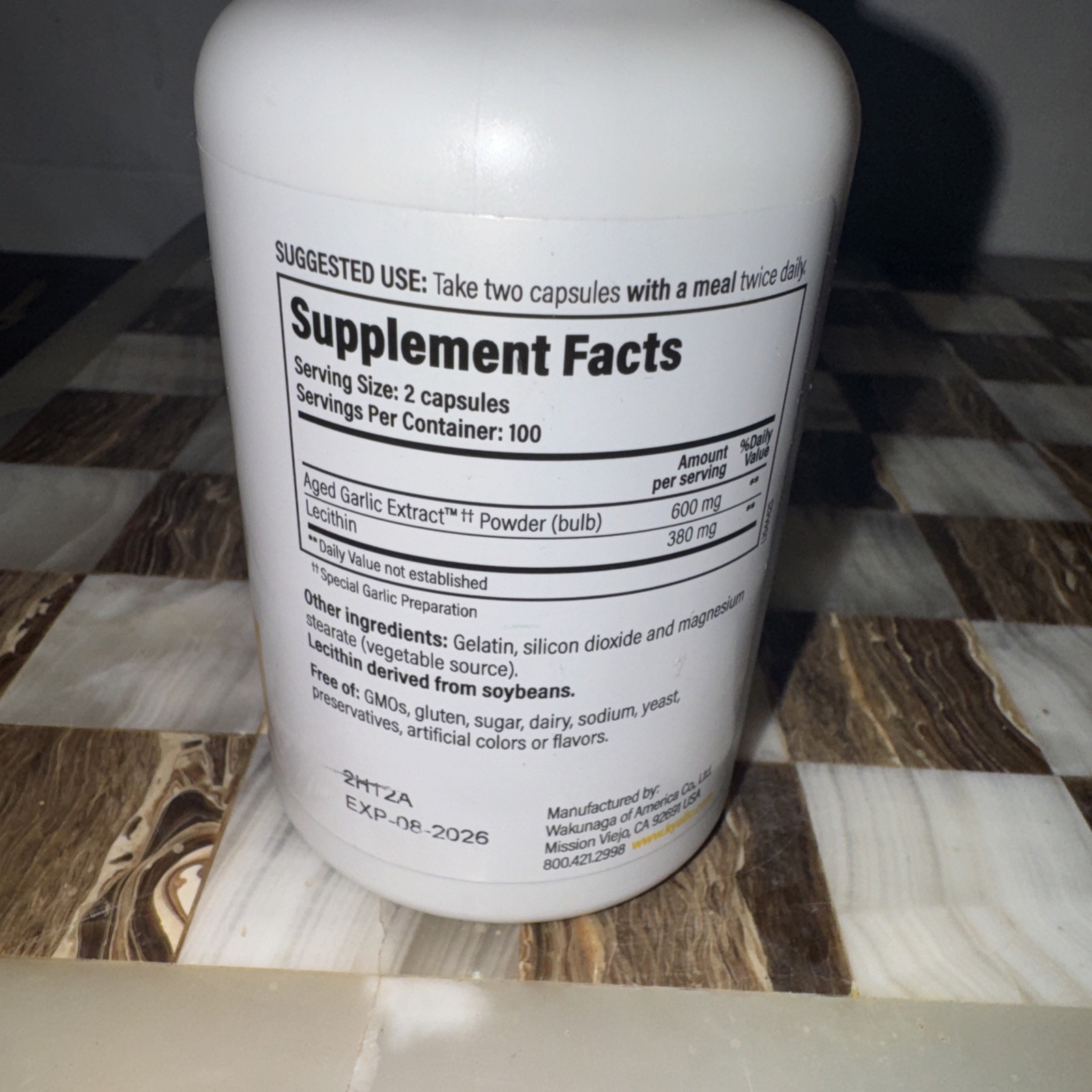 Wakunaga – Kyolic Aged Garlic Extract with Lecithin 200 Caps Dairy-Free Exp 8/26