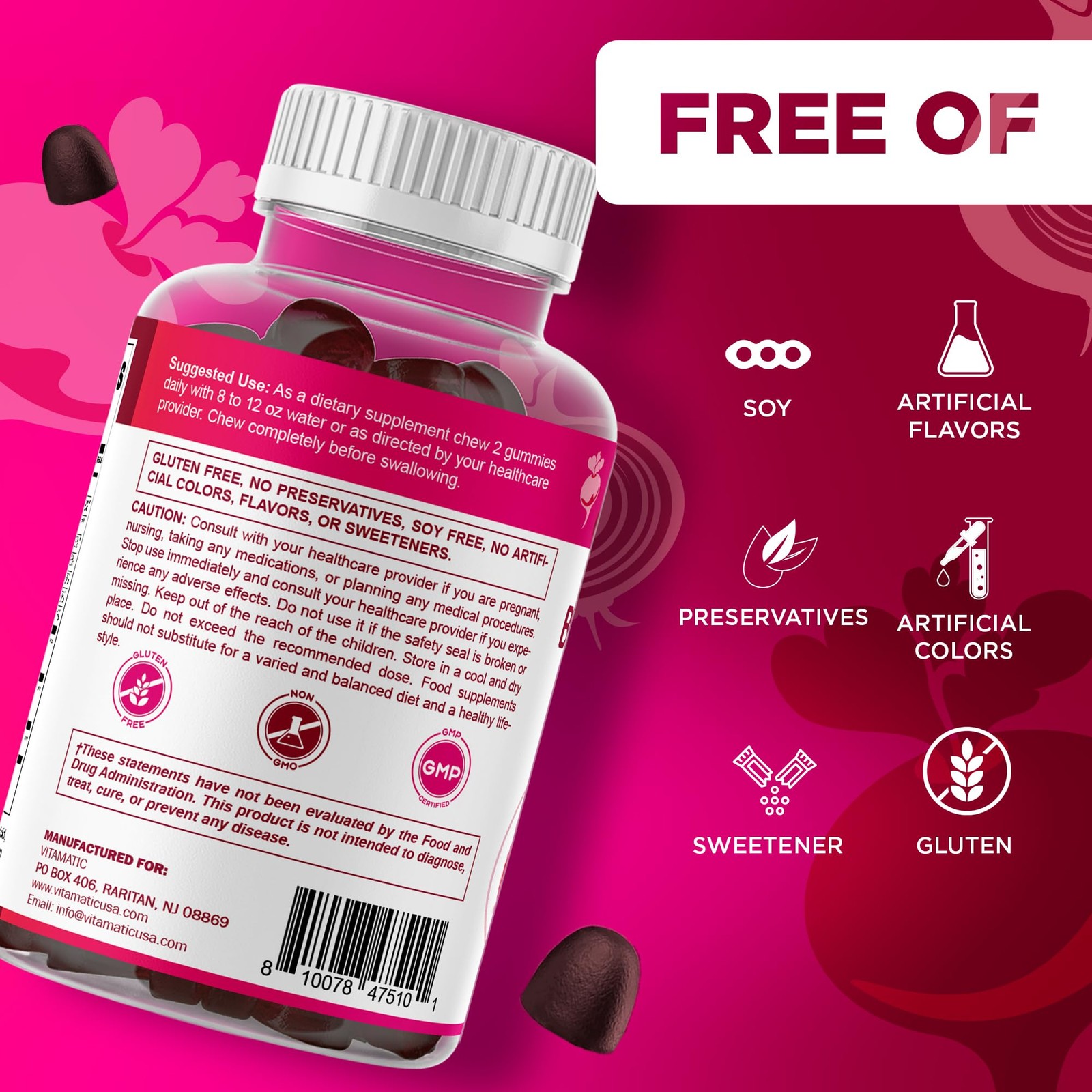 Vitamatic Beet Root Gummies with B6, B12, Grape Seed, 60 Count (Pack of 1)