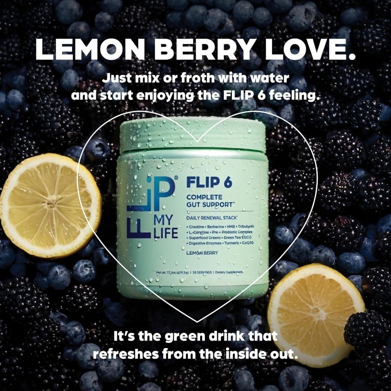 Flip My Life FLIP 6 Gut Health Powder Lemon Berry Complete Gut Support 30 Srv