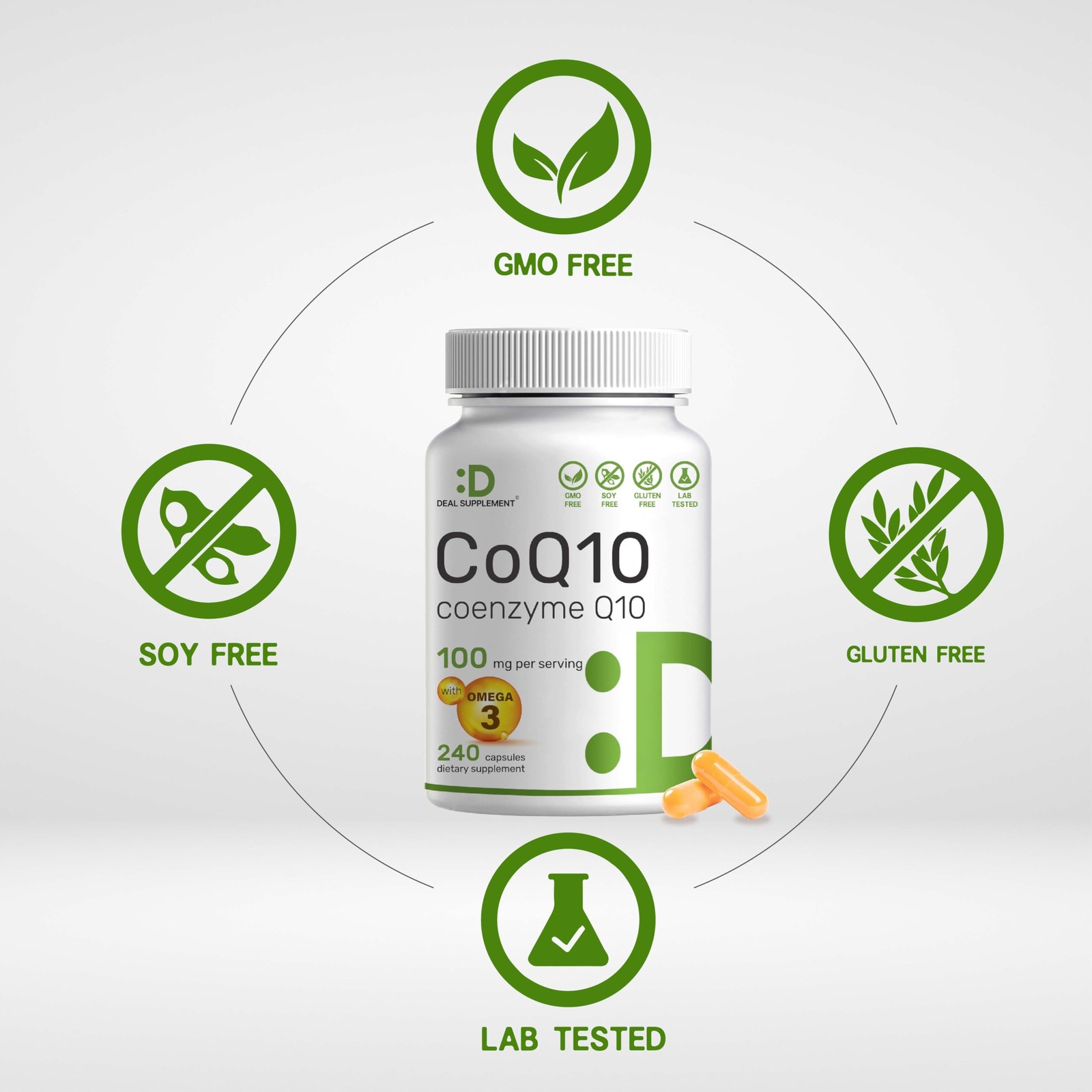 DEAL SUPPLEMENT CoQ10 100mg with Omega 3 100mg, 240 240 Count (Pack of 1)