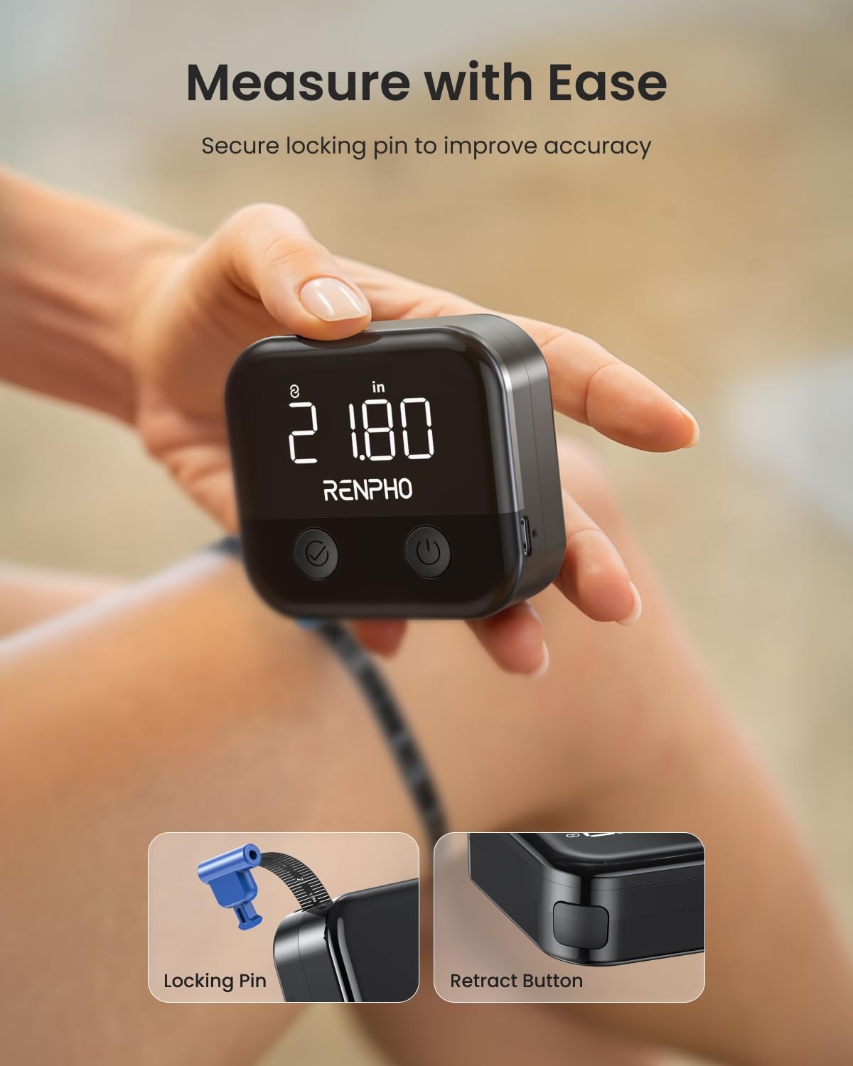 1 PCS Black Smart Body Measuring Tape Rechargeable LED Display App 60in
