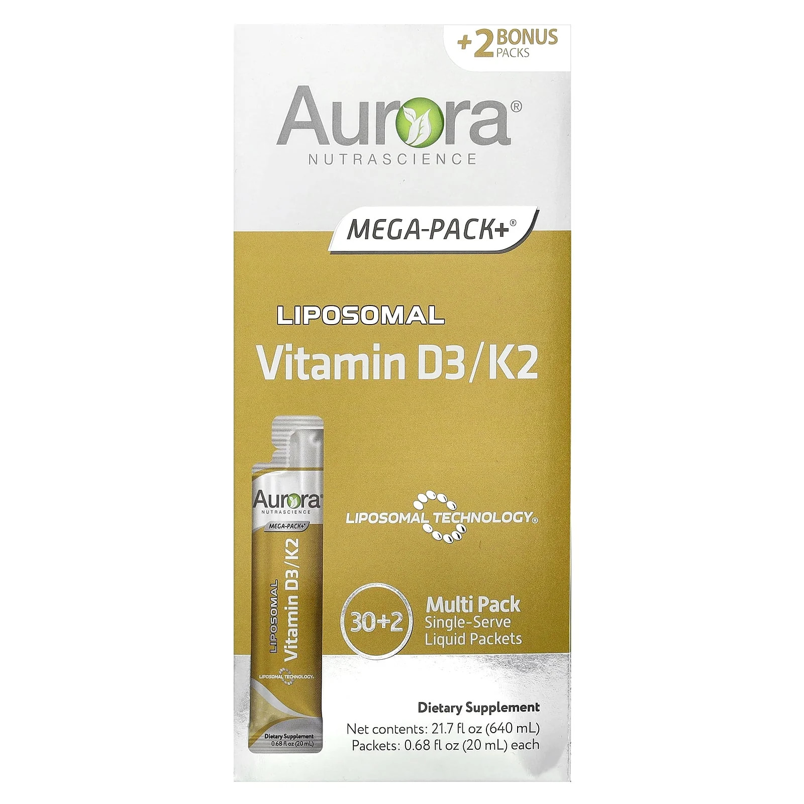 2 X Aurora Nutrascience, Liposomal Vitamin D3/K2, 32 Packets, 0.68 fl oz (20 ml