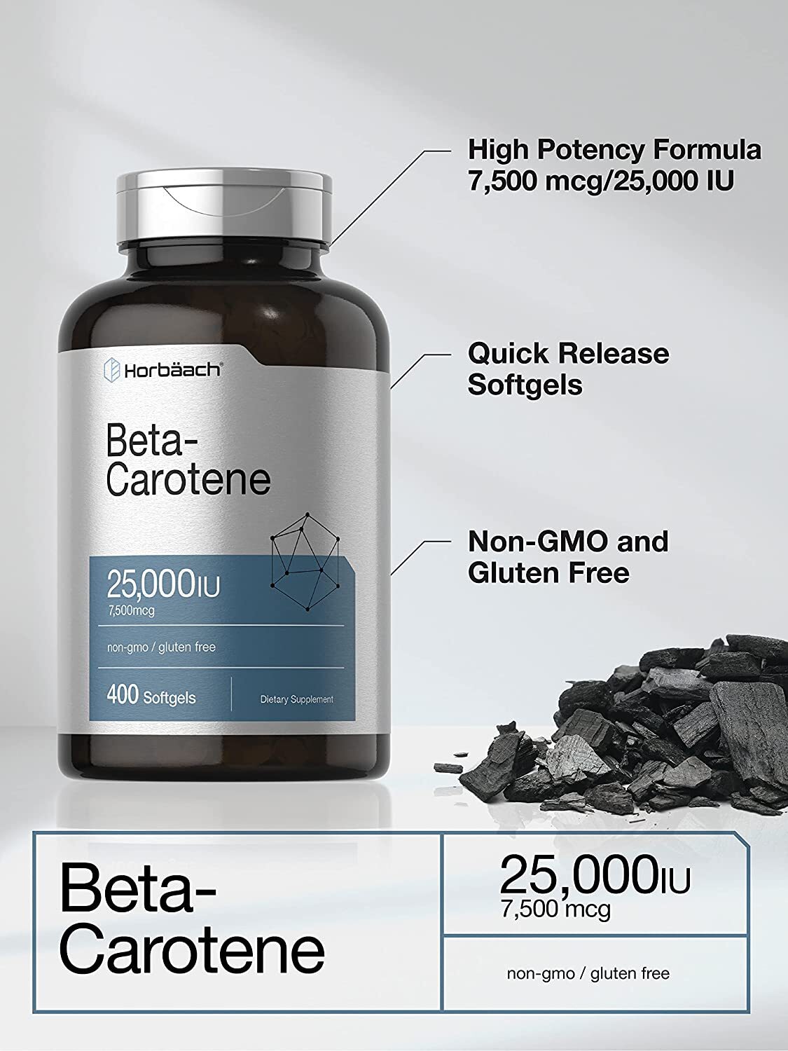 Beta Carotene 25000 iu Softgels | 7,500 mcg | 400 Count | Non-GMO | by Horbaach
