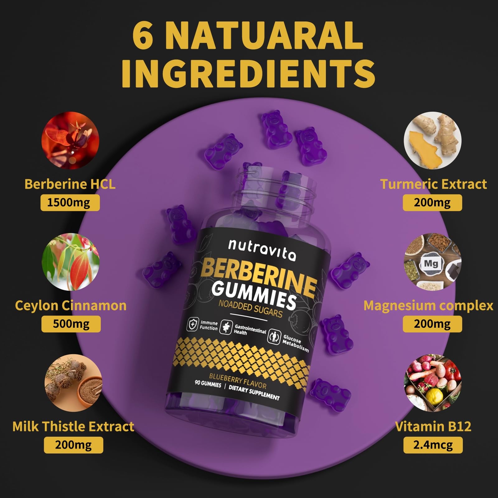 Nutravita Berberine Gummies with Ceylon Cinnamon 1500mg 90 Count (Pack of 1)