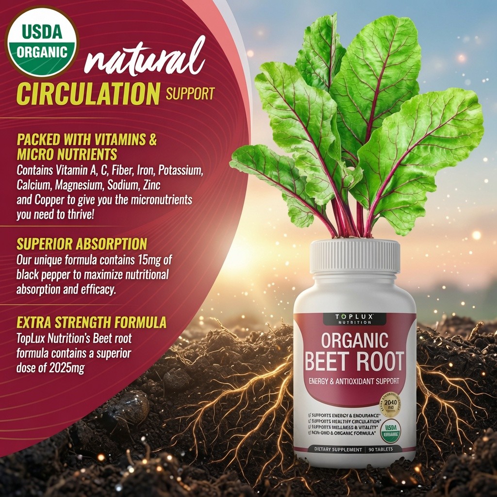Toplux Organic Beet Root 2040mg Black Pepper Energy Endurance 90ct