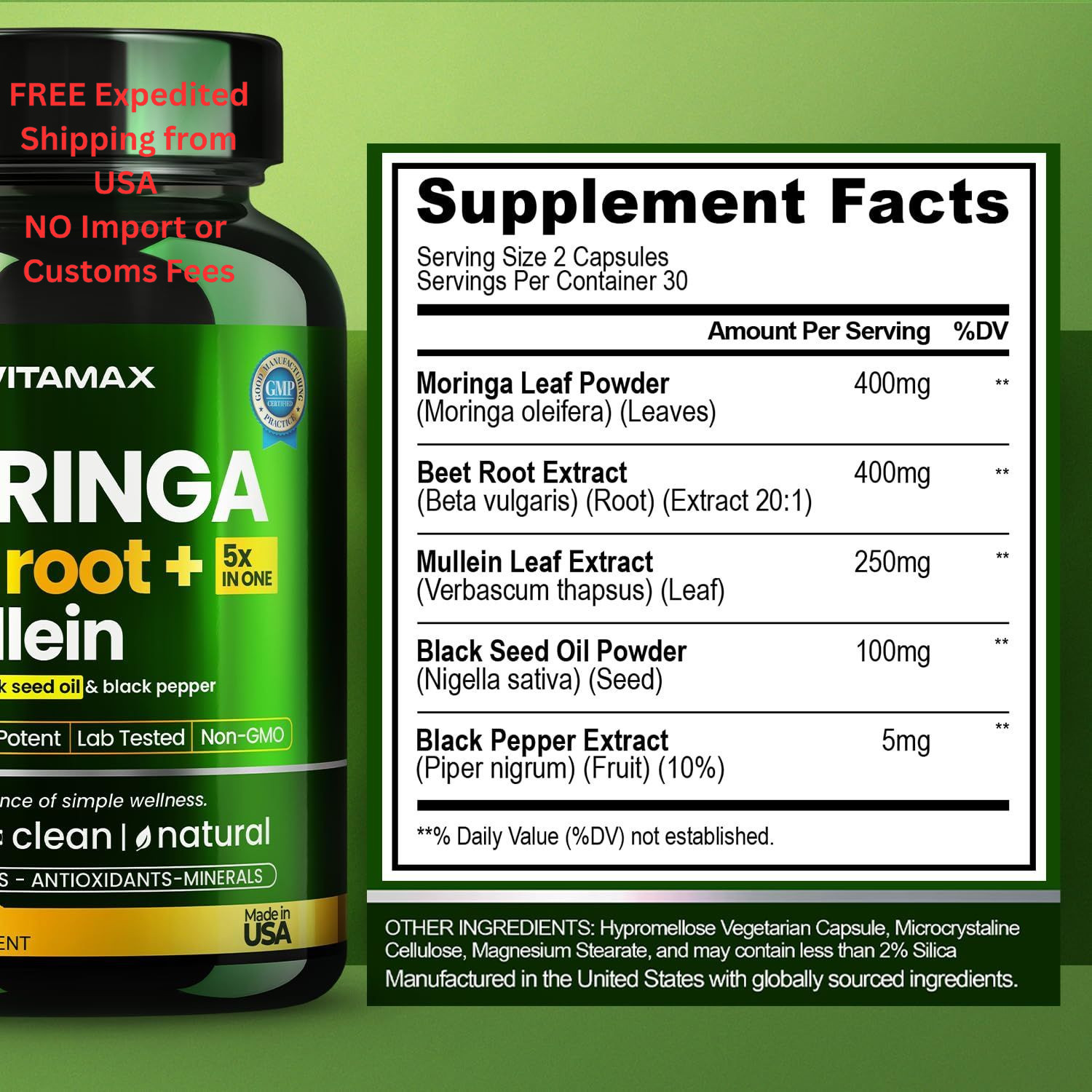 Moringa Capsules, Beet Root, Mullein Leaf – Energy, 60 Count (Pack of 1)
