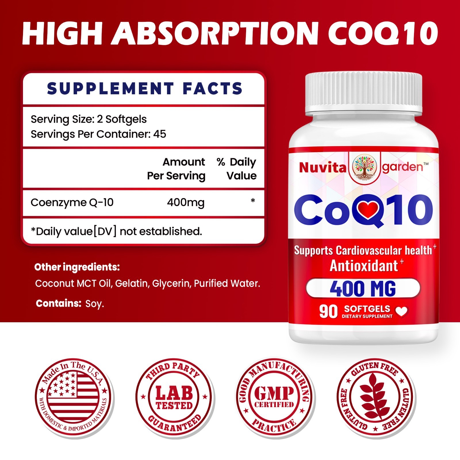 CoQ10 400mg Dietary Supplement, 90 Softgels, Antioxidant Support, Made in the US