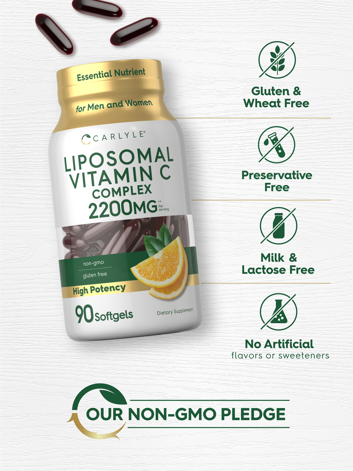 Liposomal Vitamin C Complex | 2200mg | 90 Softgels | High Potency | by Carlyle