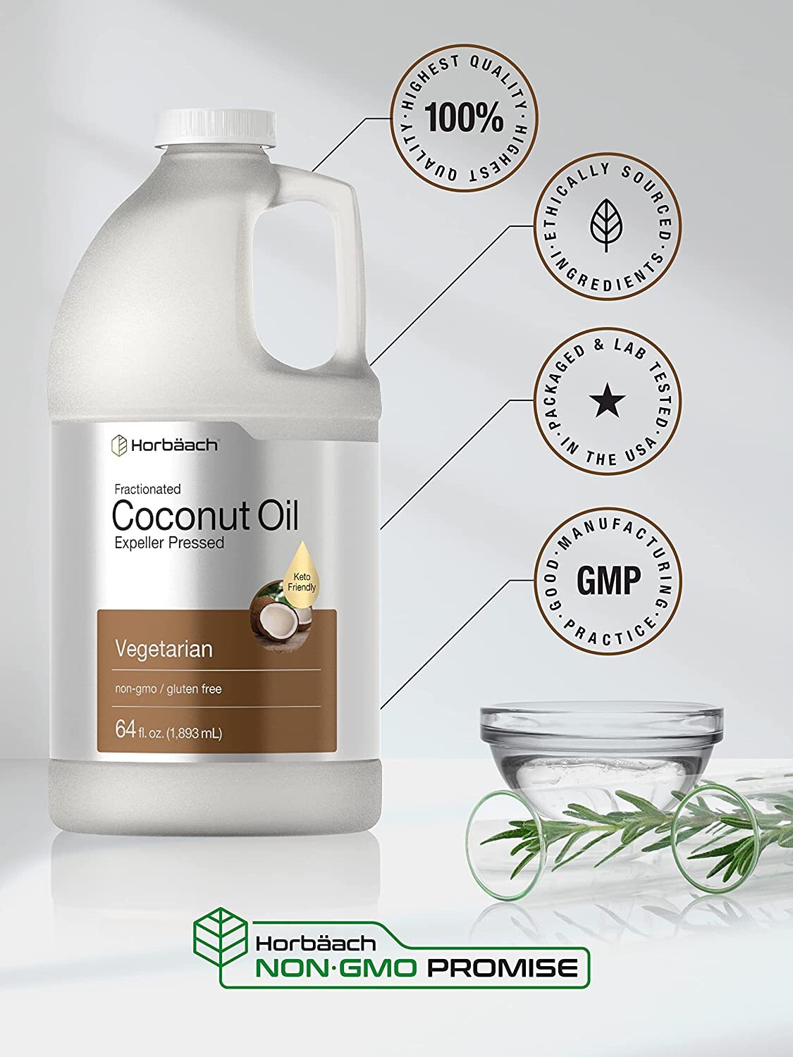 Liquid Coconut Oil 64oz | Keto-Friendly, Fractionized, Vegetarian | by Horbaach