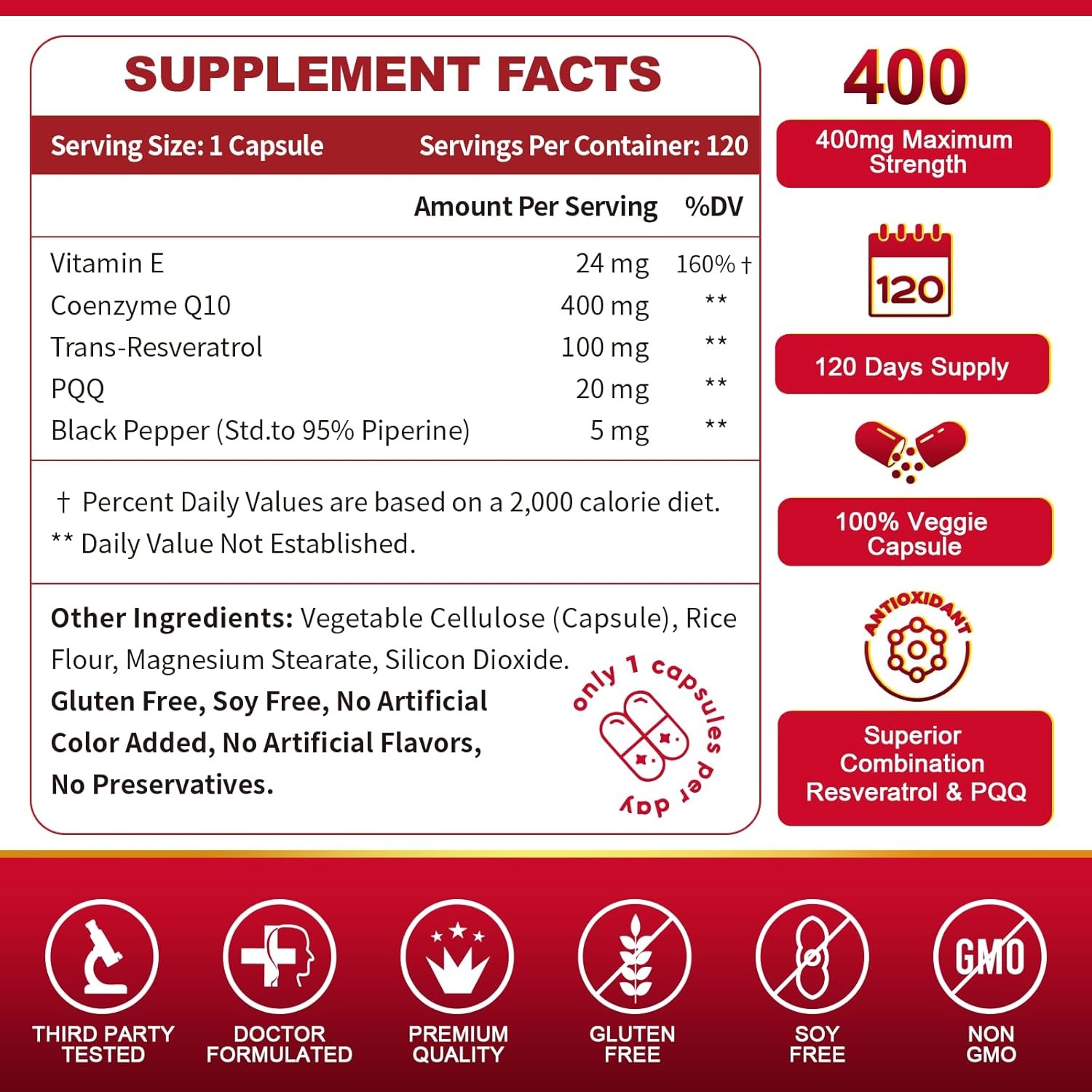 Coq10-400Mg with Trans-Resveratrol, PQQ & Vitamin E – High Absorption Coenzyme-Q