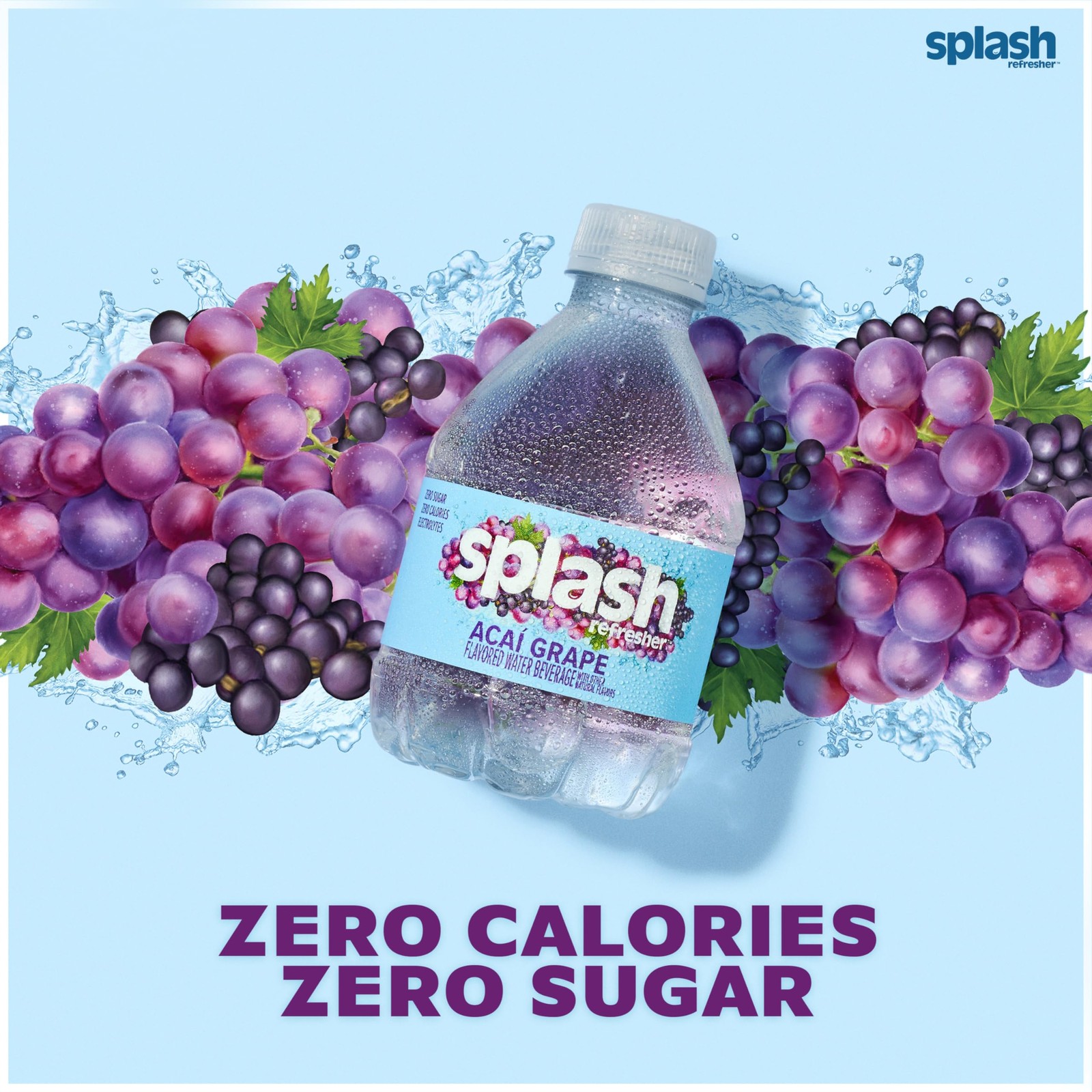 SPLASH REFRESHER Acai Grape Flavor Water 8 Fl Oz (Pack of 24), Clear