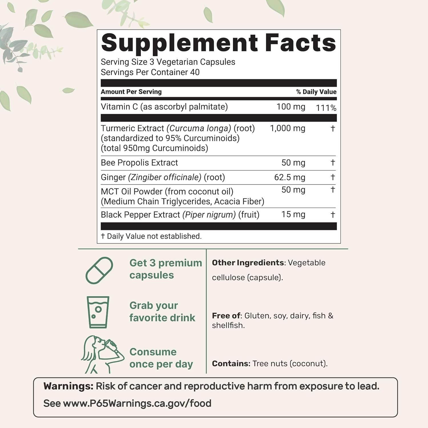 Turmeric Curcumin Supplement 1000mg 95% Curcuminoids Black Pepper/MCT/Bee Prop