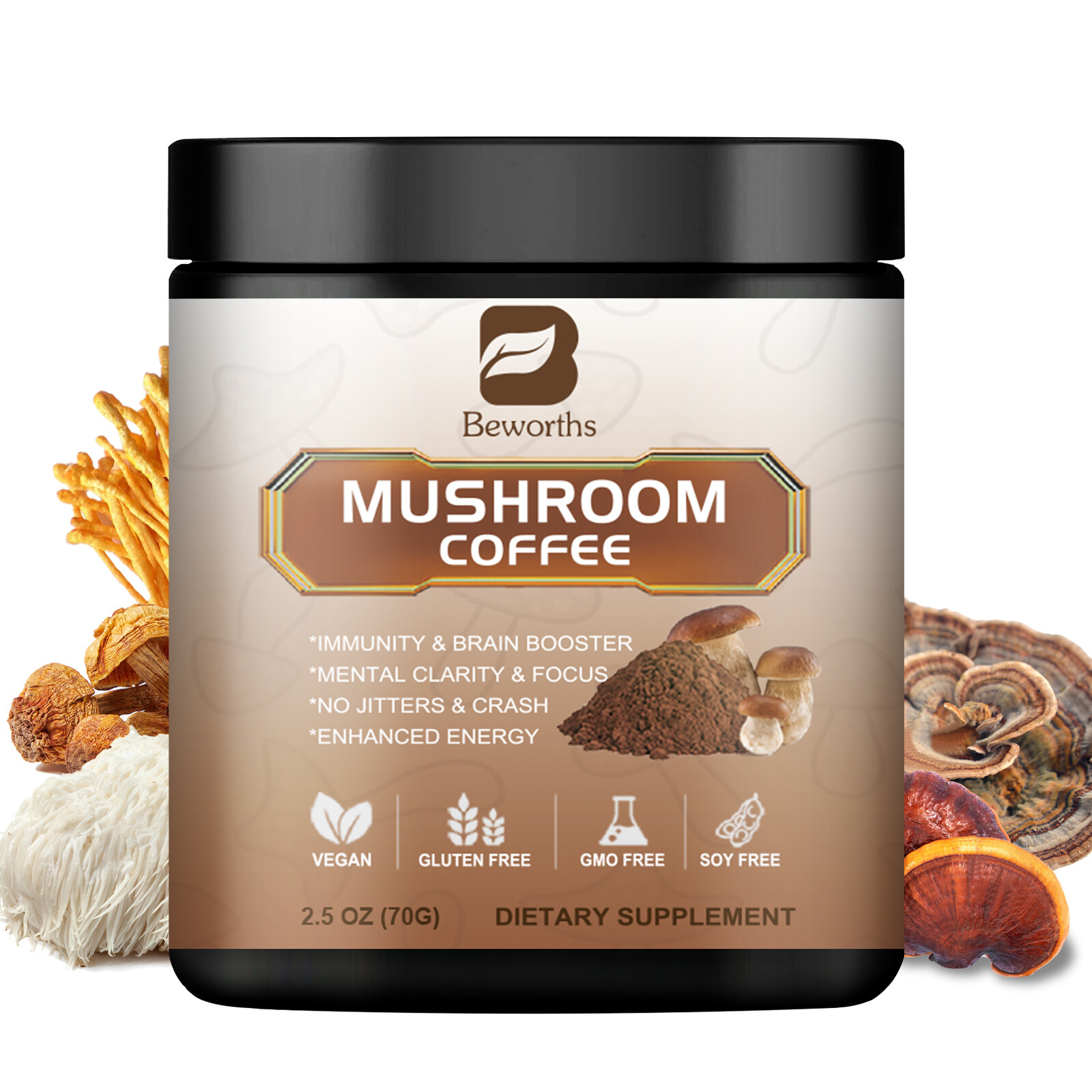 70g Organic Mushroom Coffee-Reishi,Cordyceps, Lion’s Mane,Turkey Tail Mushrooms