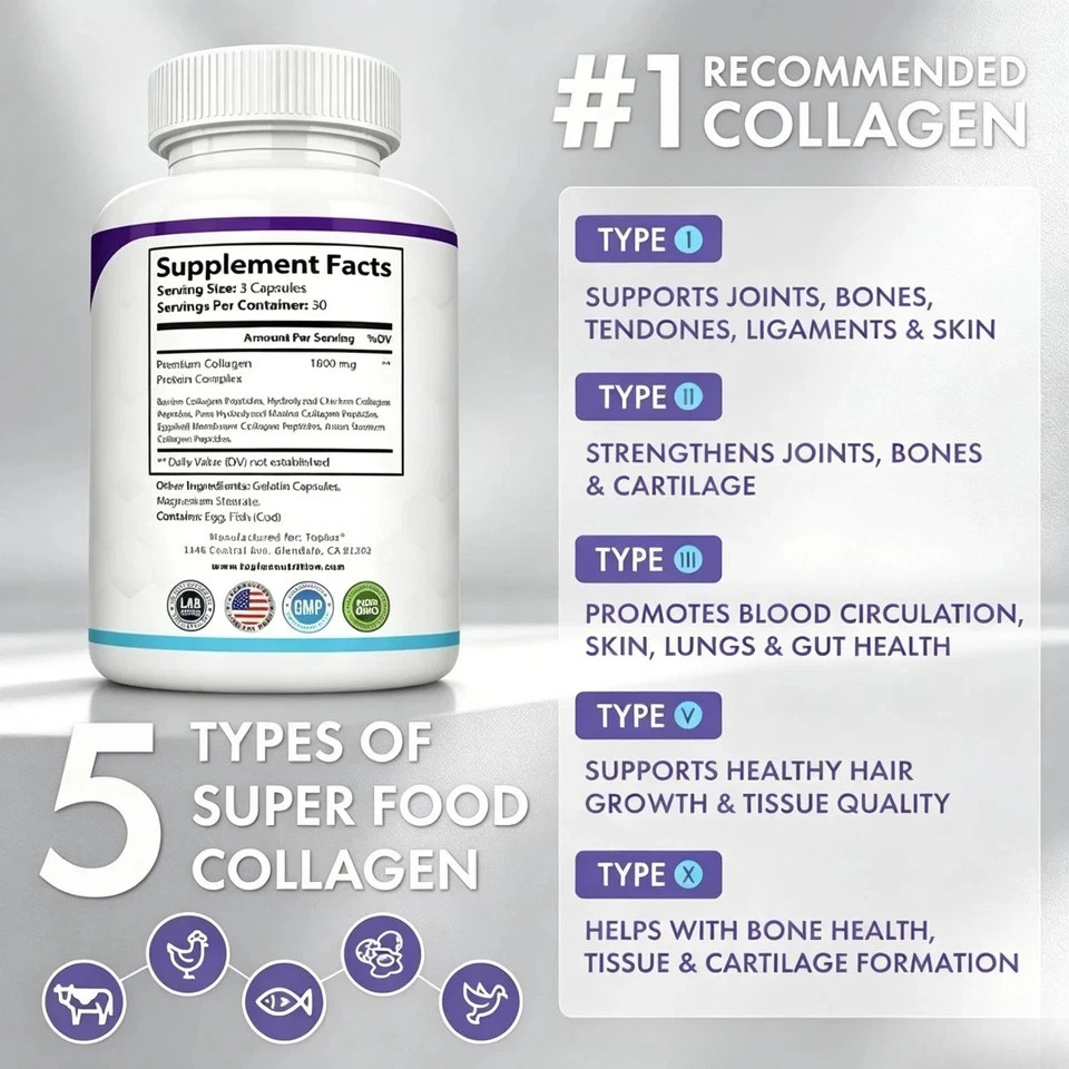 Toplux Nutrition 5-Type Collagen Peptides – Skin & Joint Support, 90 Capsules