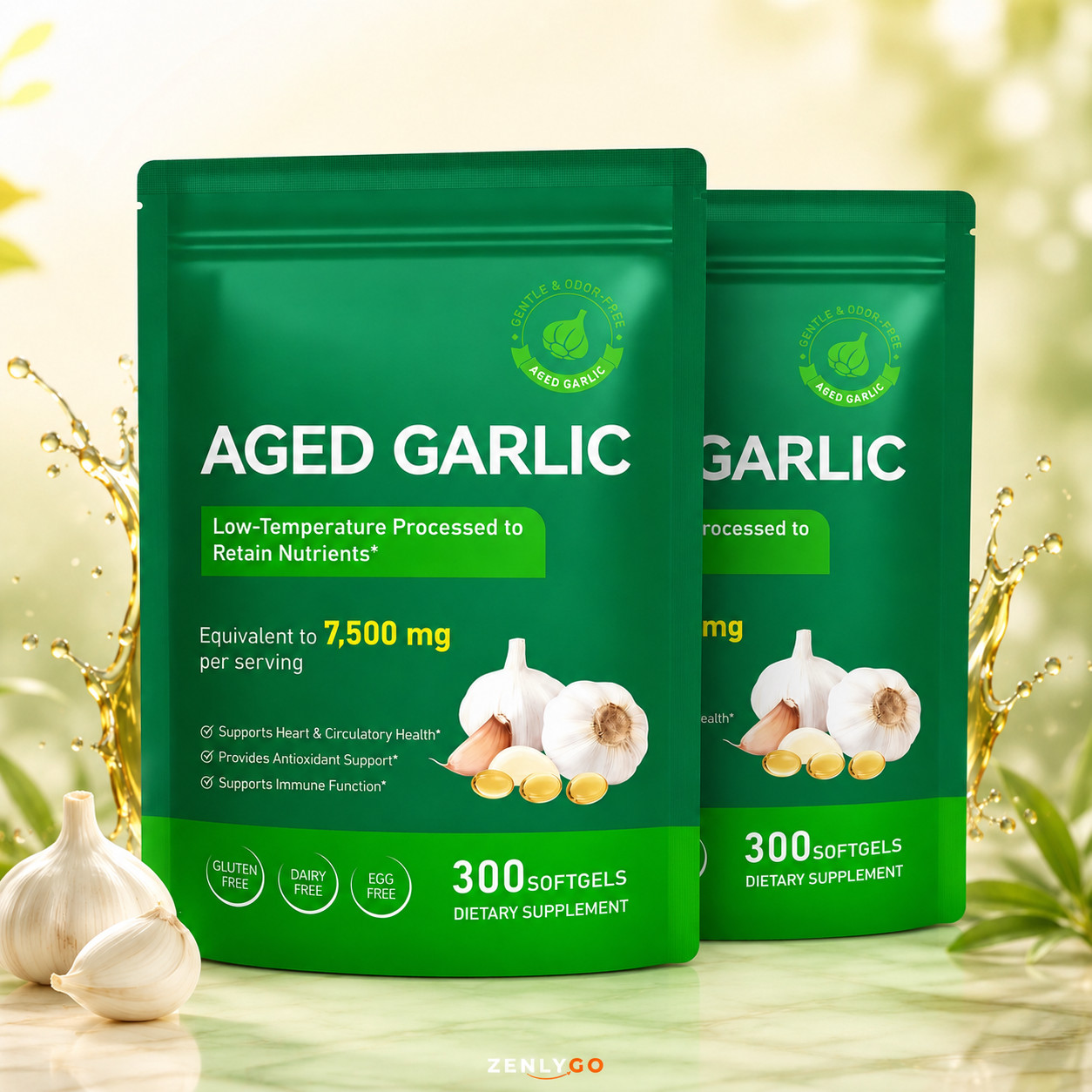 Best Aged Garlic Extract, 300 Softgels, 7500mg Odorless | Heart & Immune Pack 2
